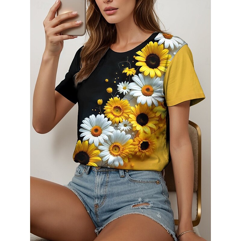 Women's T Shirt Floral Graphic Plants Vintage Stylish Classic Short Sleeve Crew Neck Round Neck Regular Tops Daily Print Black and White Yellow Blue Purple Fuchsia Summer Spring