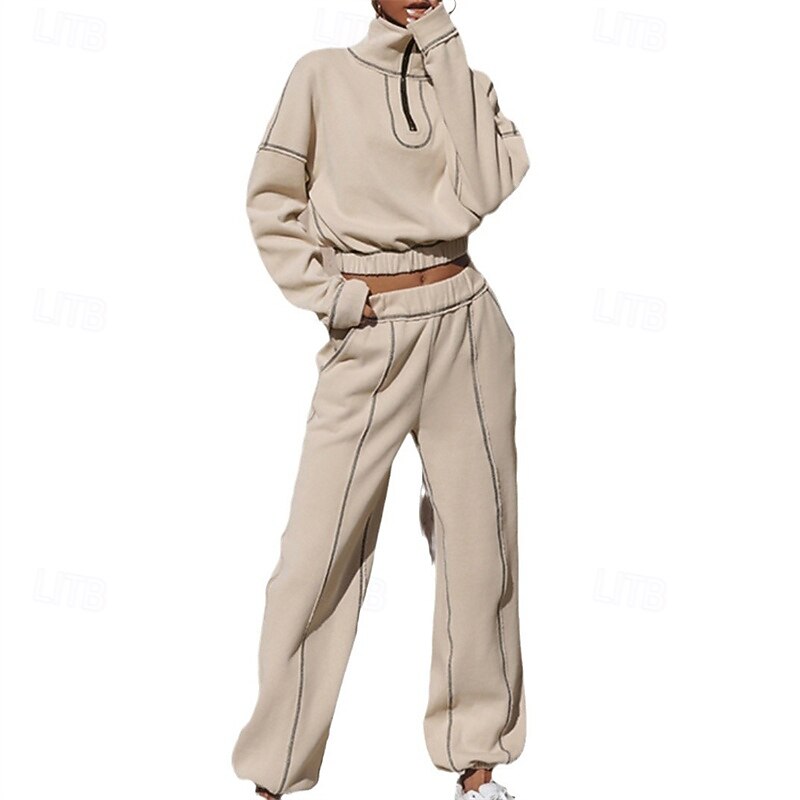 Women's Tracksuit Sweatsuit Activewear Set Pocket Solid Colored Clothing Suit Fall Apricot Grey Gym Workout Sports Thermal Warm Windproof Soft Long Sleeve Sport Activewear Micro-elastic Regular Fit3