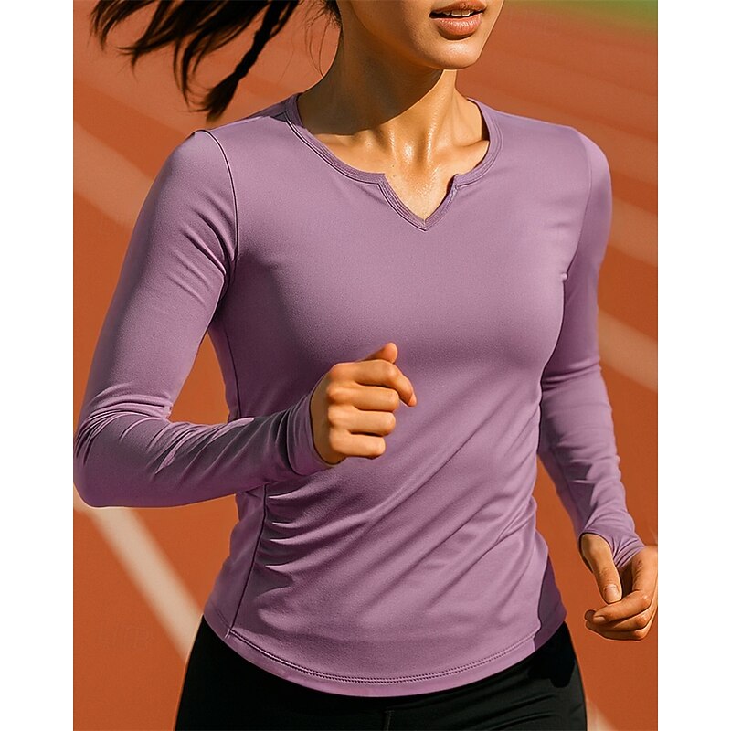 Women's Running Top Running Shirt Slim Long Sleeve Tee Tshirt V Neck Solid Colored Quick Dry Lightweight Elastic Breathable Tennis Golf Running Sportswear Activewear Black Purple Green4