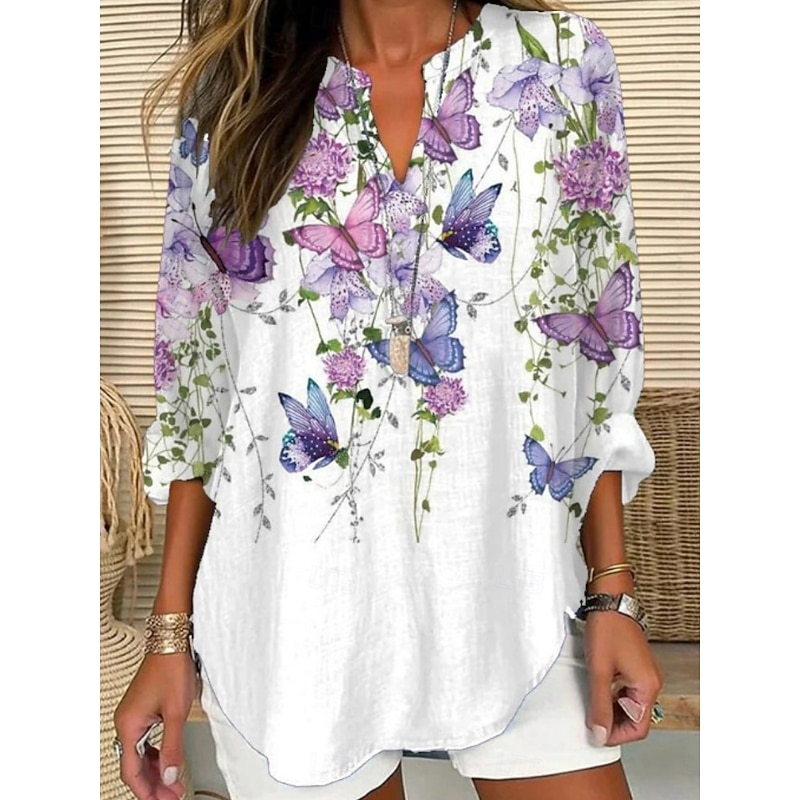 Women's Shirt Animal Butterfly Stylish Modern Long Sleeve V Neck Regular Tops Daily Holiday Buttons Print White Gray Summer