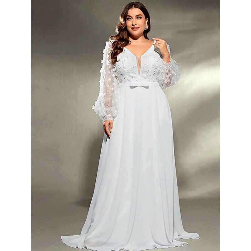 A-Line Evening Gown Elegant Dress Formal Wedding Sweep / Brush Train Long Sleeve V Neck Chiffon with Pleats