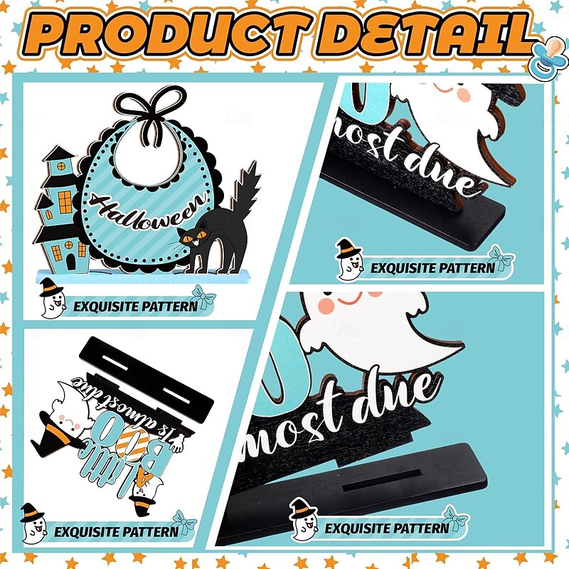 6-Pack Halloween Table Sign Centerpiece Decorations, Wooden Trick or Treat Signs with Pumpkin and Ghost, Kids Halloween Blue Baby Shower Party Supplies4