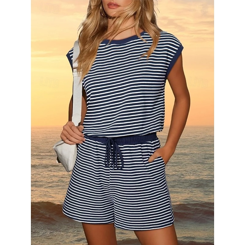 Women's Normal Romper Active Striped Short Sleeve Round Neck Pocket Drawstring Vacation Daily Regular Fit Black White Pink Summer4