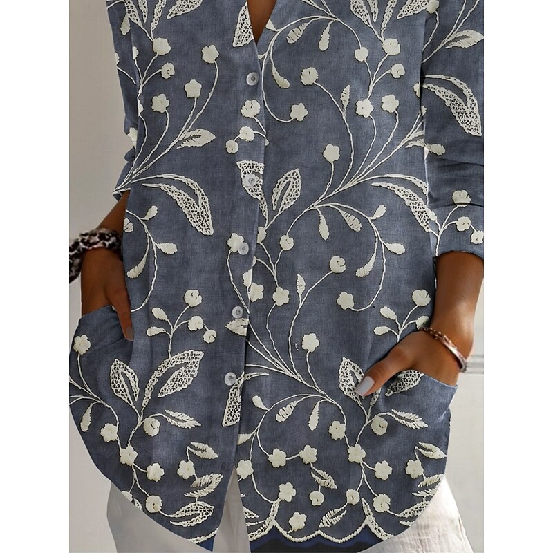 Women's Shirt Floral Active Daily Stylish Long Sleeve Shirt Collar Regular Tops Daily Holiday Buttons Print Gray Spring Fall3
