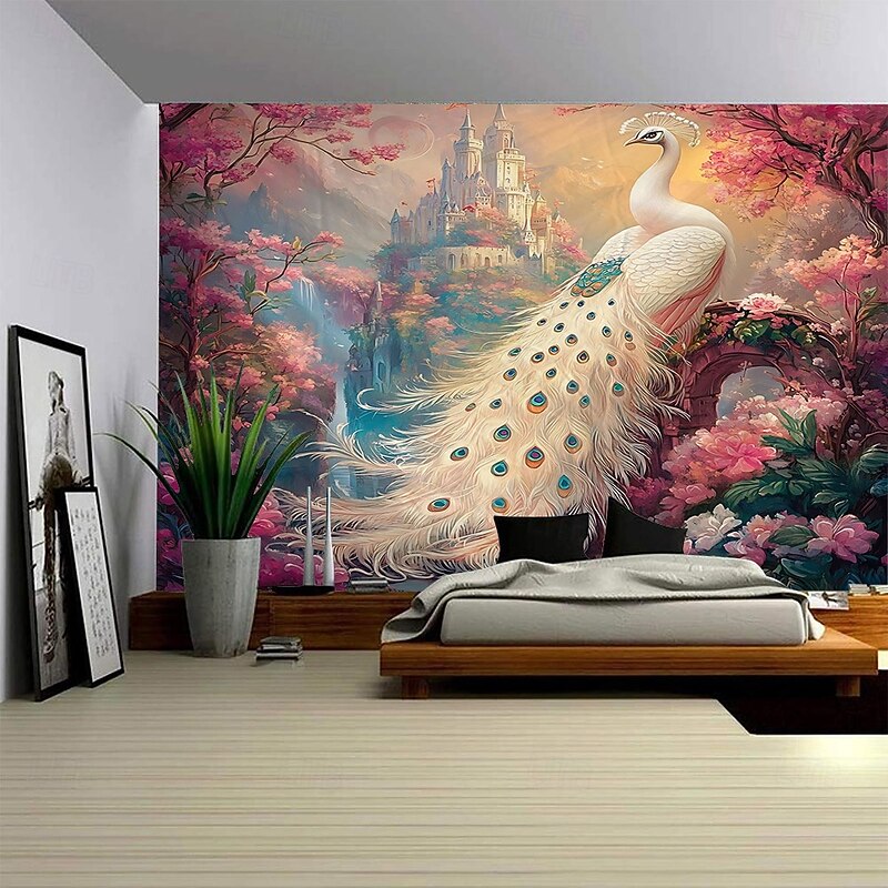 Beautiful Flowers Peacock Castle Architectural Landscape Hanging Tapestry Mural Art Large Tapestry Mural Decoration Photos Background Carpet Curtains Home Bedroom Living Room Decoration4
