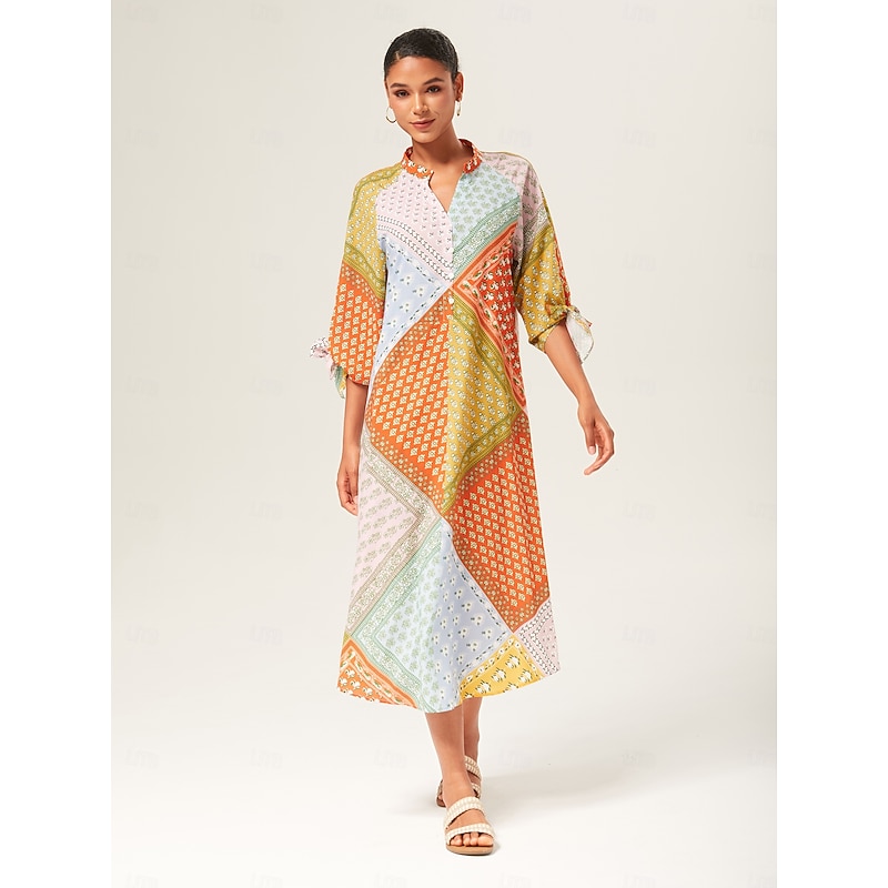 Colorful Silk Scarf Printed Tie Sleeve Maxi Dress4