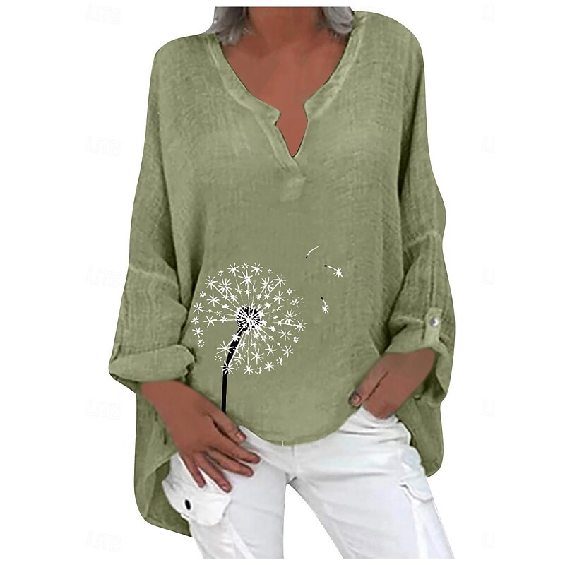 Women's Cotton Linen Shirts Floral Basic Casual Long Sleeve Shirt Collar Regular Tops Daily Print Pink Navy Blue Fuchsia Green Summer Fall4