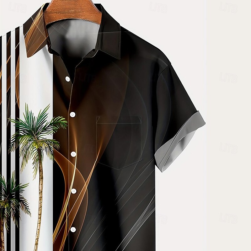 Men's Coconut Tree Waves Shirt Summer Hawaiian Shirt Button Up Shirt Short Sleeve Hawaiian Holiday Beach Wear Summer Spring Turndown 3D Print Collared Shirts Front One Pocket Black3