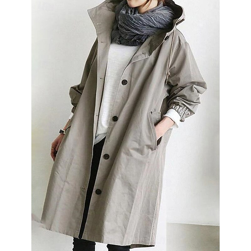 Women's Trench Coat Comfortable Breathable Buttons Casual Solid Color Vacation Street Casual Daily Wear Single Breasted Long Hooded Regular Fit Long Sleeve Outerwear Light Blue Red Khaki Spring Fall3