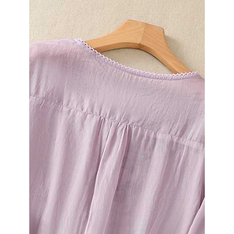 Women's Cotton Linen Shirts Solid Color Basic Casual 3/4 Length Sleeve Crew Neck Regular Tops Daily Embroidered Yellow Purple Green Gray Summer3