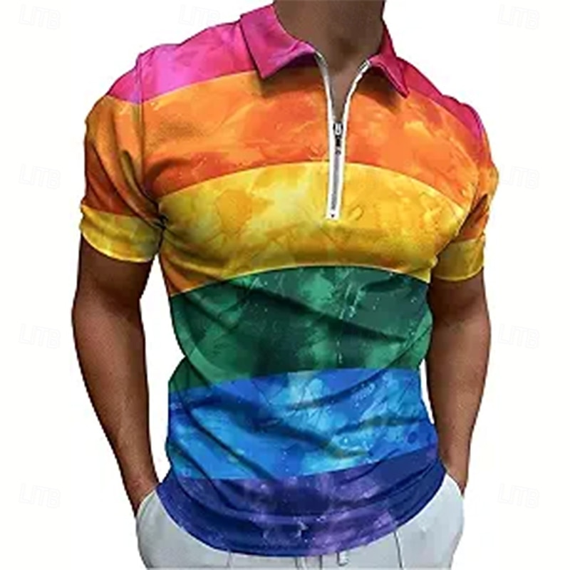 Pride Month Men's Rainbow Golf Shirt Short Sleeves Polo Shirts Polo Collar Casual Festival Zipper 3D Print Summer Rainbow