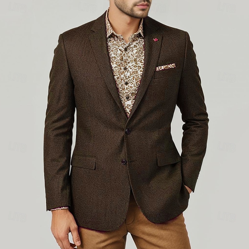 Men's Wool Tweed Blazer Vintage Office Solid Colored Blazer Brown Dark Grey Standard Fit Single Breasted Two-buttons