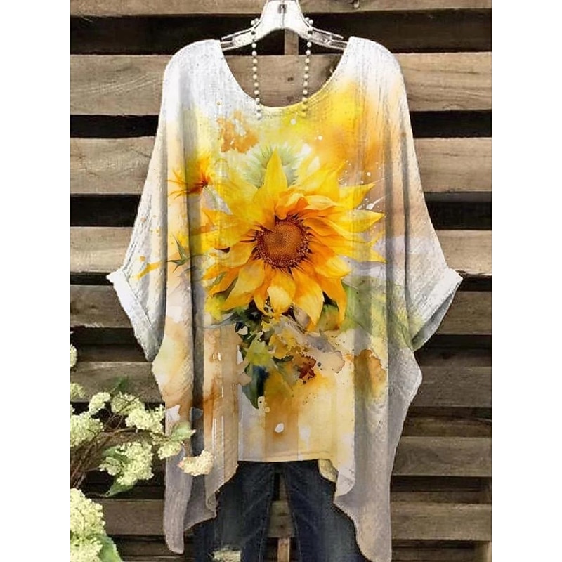 Women's Boho Shirt Floral Graphic Elegant Bohemia Tropical Short Sleeve Batwing Sleeve Crew Neck Regular Tops Daily Holiday Beach Wear Black Yellow Pink Blue Beige Summer Spring4