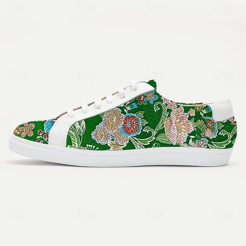 Men's Green Jacquard Fabric Sneakers Comfortable Low-Top Shoes with Floral Pattern Suitable for Casual Walking Daily Wear and Creative Outfits3