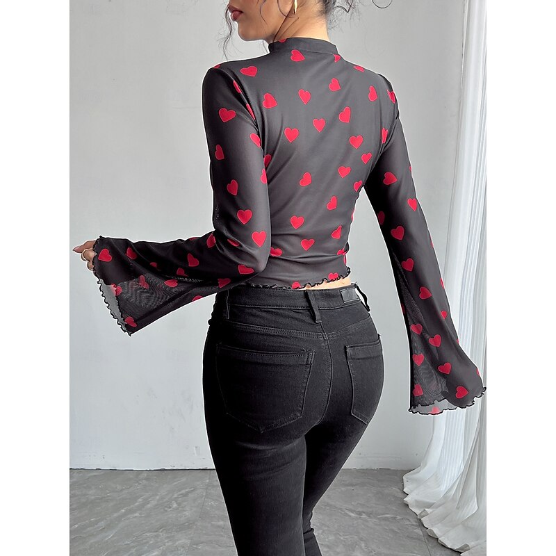 Women's Blouse Heart Daily Stylish Long Sleeve High Neck Crop Tops Daily Holiday Print Black Summer Spring2