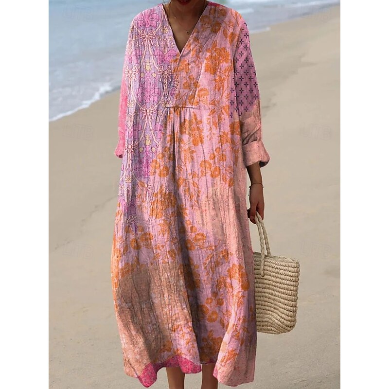 Women's Midi Dress V Neck Long Sleeve Kaftan Lightweight Loose Fit A Line Dress Casual Boho Party Going out Floral Graphic Long Sleeve V Neck Gray Green Pink Purple off-white4