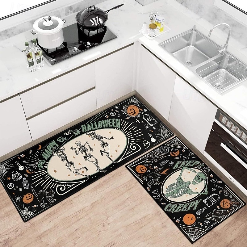 2pcs Halloween Kitchen Rugs and Mats Non-Slip Anti-Fatigue Kitchen Rug Set for Entryway ,Kitchen and Laundry