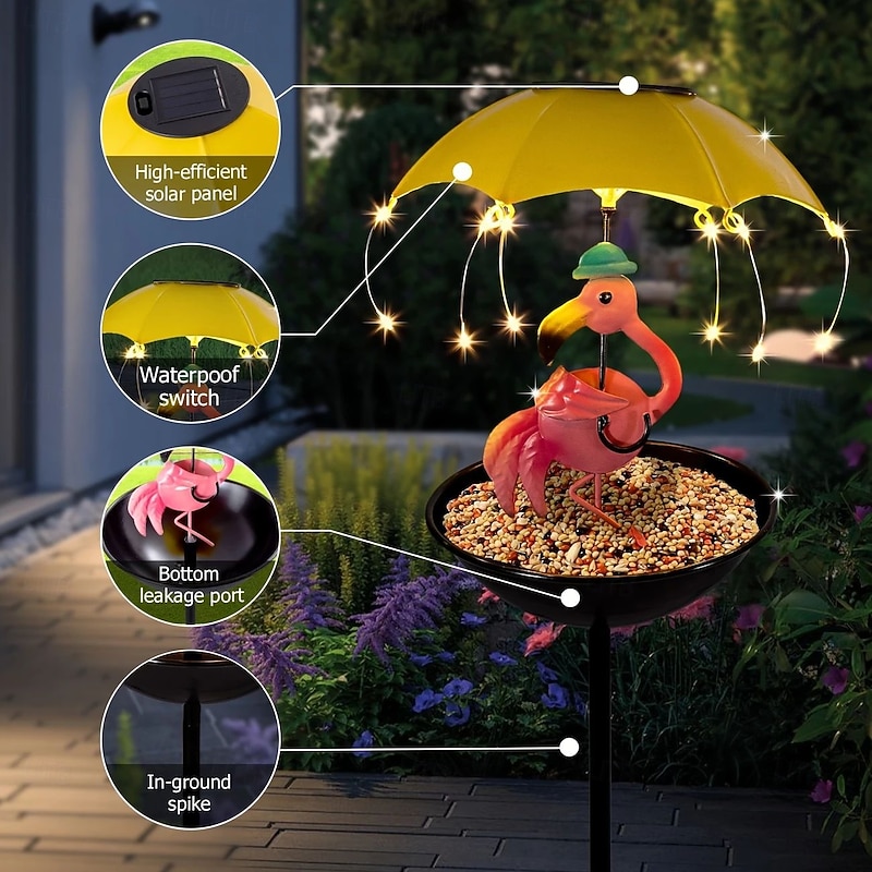Outdoor Solar Landscape Lights Wrought Iron Flamingo Waterproof Statue Lamp Bee Lawn Lamp with Hummingbird Feeder Function Christmas Thanksgiving Gift for Yard Lawn Terrace Garden Decoration3