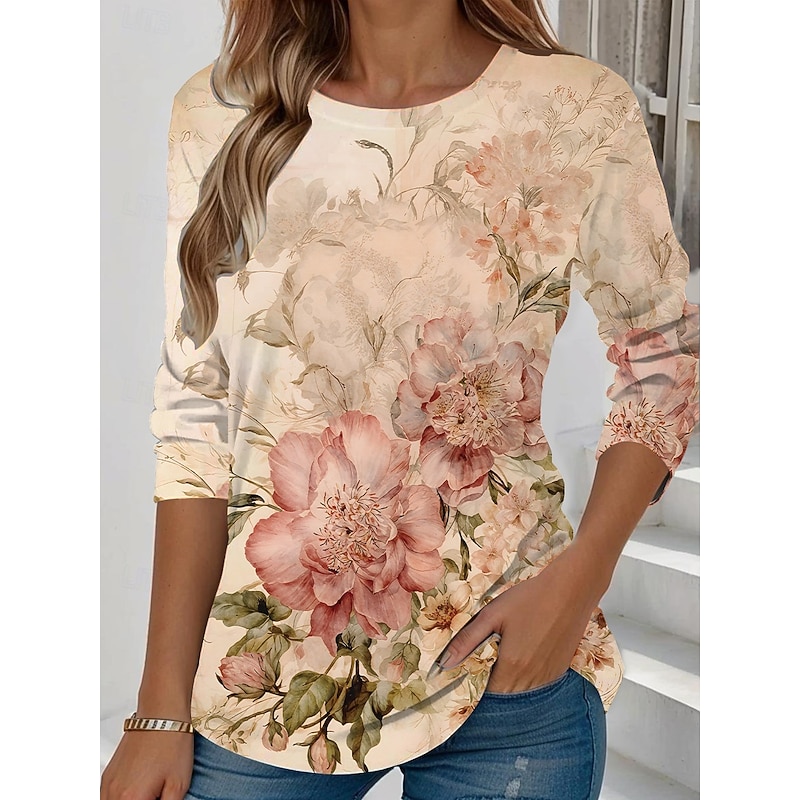 Women's T shirt Long Sleeve Crew Neck Long Sleeve Tunic Floral Graphic Plants Vintage Stylish Classic Round Neck Regular Tops Daily Weekend Print Yellow Light Green Blue Sky Blue Purple  Prefall3