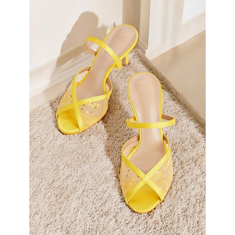 Women's Yellow Mesh Stiletto Heel Sandals with Rhinestone Details – 1950s Elegant Open-Toe Heels for Summer Parties, Weddings, and Evening Events4