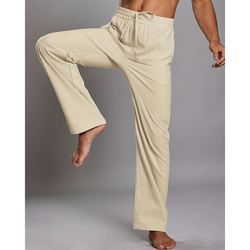 Men's Linen Pants Trousers Summer Pants Beach Pants Pocket Elastic Waist Drawstring Plain Comfort Breathable Vacation Daily Holiday Hawaiian Boho Dark Brown ArmyGreen
