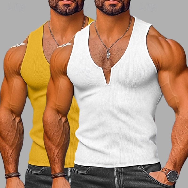 Men's Waffle Tank Top Tank Top Vest Undershirt Sleeveless V Neck Summer Plain Fashion Classic Casual 2 Piece Street Casual Sports Yellow+Blue Yellow+Light Gray Gray+White Top Tee for Men2