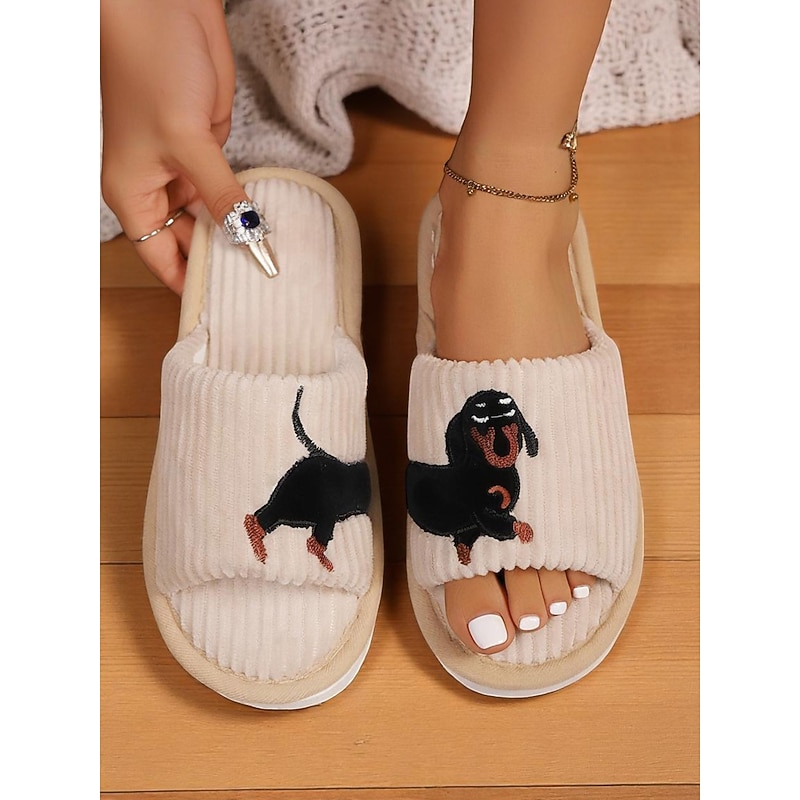 Women's Plush Dog Embroidery Indoor Slippers, Cozy Corduroy Slides, Perfect for Home Relaxation and Lounging3