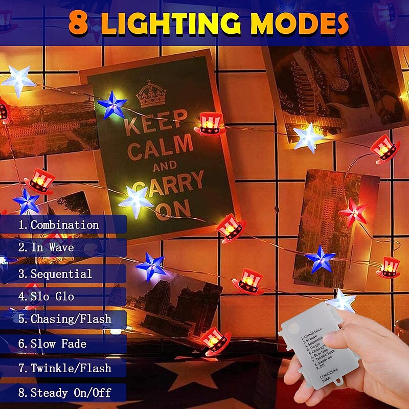 1 Pc 5M-50 LED Patriotic String Lights Pentagram US Flag Hat Light String July 4th US Independence Day Indoor and Outdoor Party Atmosphere String AAA Waterproof Battery Box Remote Control4