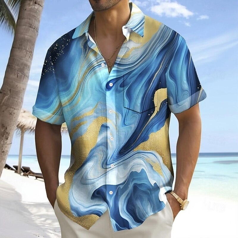 Men's Marble Abstract Art Shirt Summer Shirt Button Up Shirt Short Sleeve Fashion Casual Outdoor Vacation Dailywear Summer Spring Turndown 3D Print Collared Shirts Front One Pocket Blue