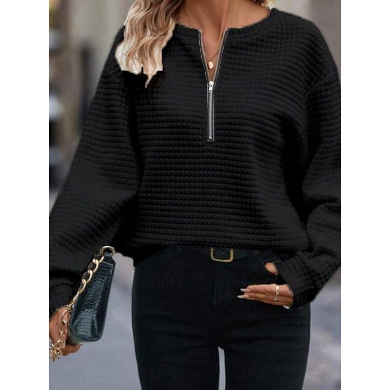 Women's Quarter Zipper Sweater Blouse Solid Color Stylish Casual Long Sleeve Crew Neck Regular Tops Daily Black White Blue Fuchsia Apricot Spring Fall4