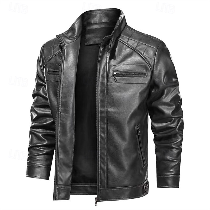 Men's Faux Leather Jacket Biker Jacket Red Leather Jacket Motorcycle Jacket Vacation Daily Windproof Warm Pocket Fall Winter Plain Fashion Classic Stand Collar Regular Black Red Brown Jacket3