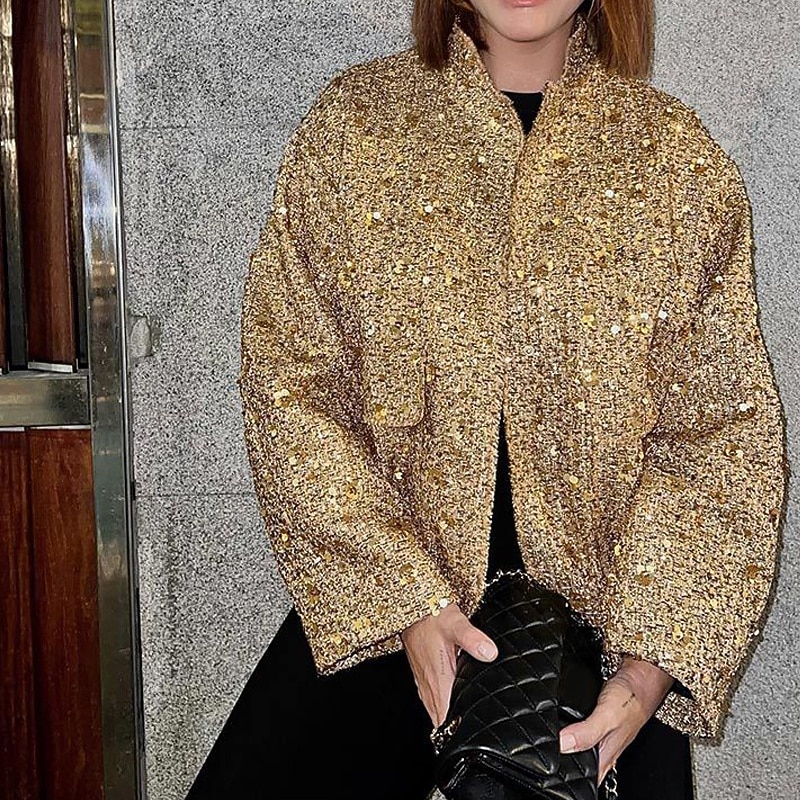 Women's Winter Coat Comfortable Pocket Sequin Fashion Plain Outdoor Going out Single Breasted Regular Stand Collar Regular Fit Long Sleeve Outerwear Black Gold Fall Winter2