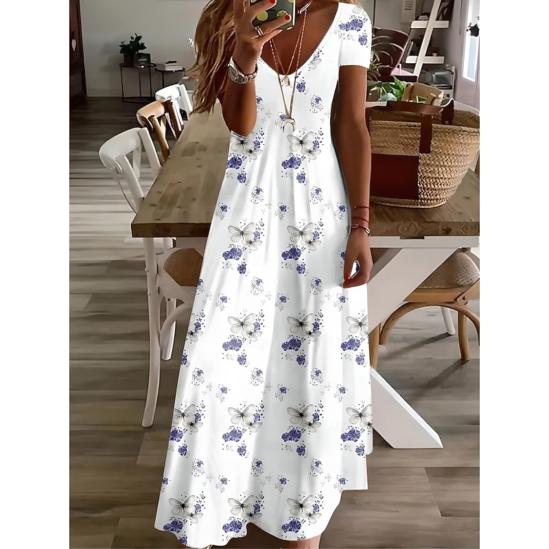 Women's Midi Dress Sundress A Line Dress Vacation Casual Boho Going out Beach Standard Fit Floral Graphic Short Sleeve V Neck Gray Green White Light Green Red Summer Spring3