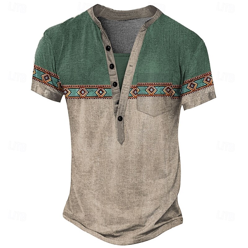 Men's Graphic Geometric Tribal T Shirt Henley Shirt Tee Short Sleeve Vintage Designer Basic Outdoor Casual Daily Summer Light Green Purple Navy Blue Dark Green Henley Henley T-Shirt