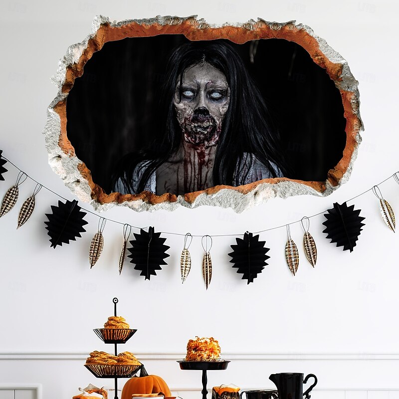 Halloween Wall Decal Sticker 3D Cracked Wall Zombie Removable Scary Halloween Decoration for Living Room Wall Home Party Horror Decor3