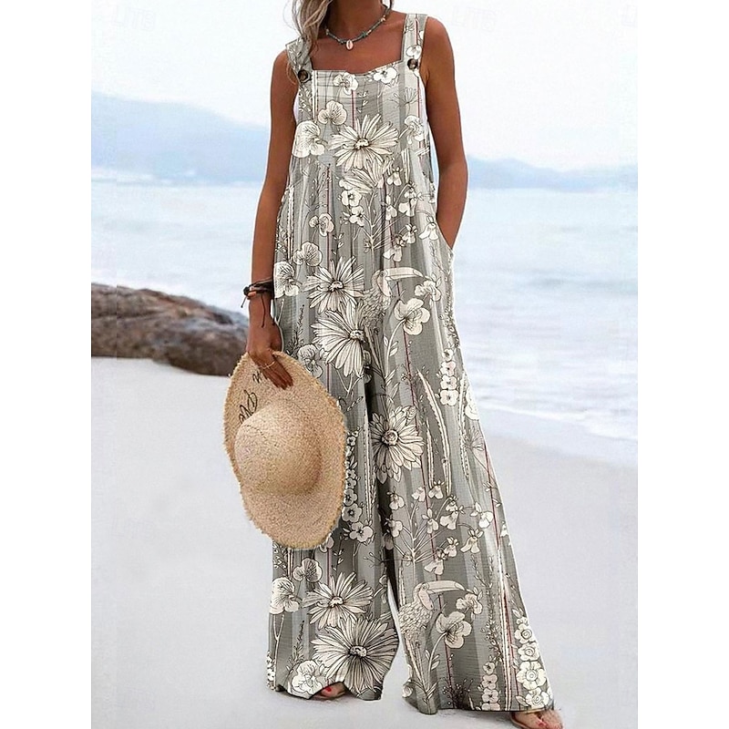Women's Dungarees Active Floral Sleeveless Wide Leg Vacation Street Loose Fit Yellow Blue Gray Summer