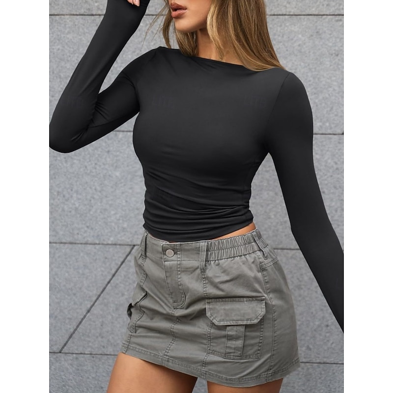 Women's Tight Tops Solid Color Stylish Casual Y2K Long Sleeve Crew Neck Crop Tops Daily Holiday Going out Black White Pink Brown Summer Spring3