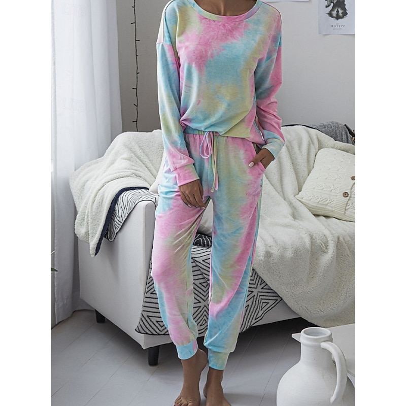 Women's Pajama Set Casual Comfort Tie Dye Elastic Waist T Shirt Pant Home Daily Long Sleeve Crew Neck Pink Blue Green Rainbow Gray Summer Spring Fall Regular Fit2