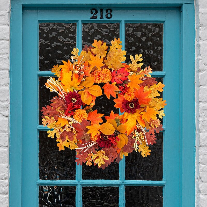 Fall Wreath for Front Door Thanksgiving Autumn Harvest Indoor Outdoor Decoration, Red Sunflower and Maple Leaf Grapevine Wreath Rustic Fall Door Hanging Prop4