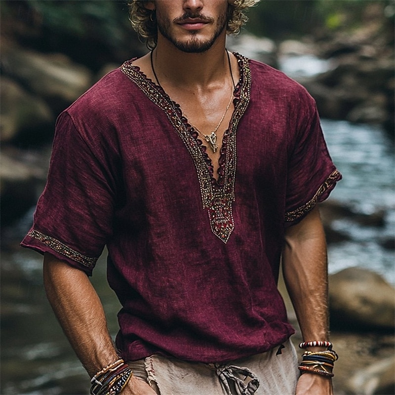 Men's Linen Shirt Summer Shirt Vintage Shirt Short Sleeve Shirt Ethnic Shirt Patchwork Vacation Street Fuchsia Short Sleeve V Neck Summer Clothing Apparel Ethnic