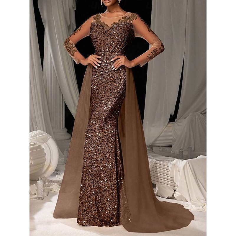 Mermaid / Trumpet Evening Gown Elegant Dresse Embroidered Lace Applique Formal Wedding Floor Length Long Sleeve Crew Neck Tulle with Sequin Skirt4