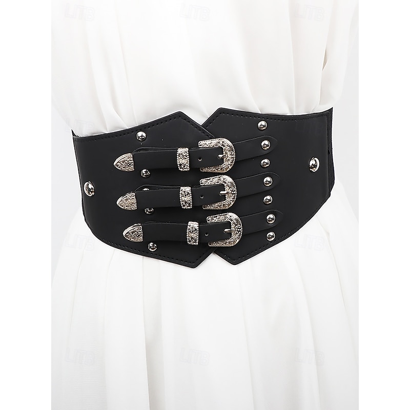 Women's Wide Elastic Waist Belt with Triple Vintage Buckles – Faux Leather Gothic Corset Cincher for Dresses and Costumes4