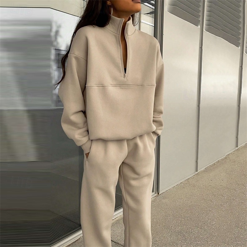 Women's Tracksuit Sweatpants Pullover Sweatshirt Zipper Pocket Solid Colored Clothing Suit Fall Dark Khaki Black Gym Workout Sports Windproof Long Sleeve Sport Activewear Micro-elastic Regular Fit4