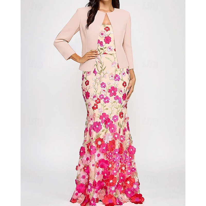 Mermaid / Trumpet Mother of the Bride Evening Gown Elegant Dress with Stretch Crepe Jacket Semi Formal Wedding Floor Length Sleeveless Strapless Floral Embroidery Lace