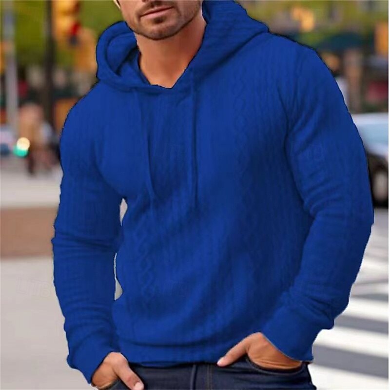 Men's Hoodie Black White Blue Gray Hooded Plain Jacquard Pocket Ribbed Textured Sports & Outdoor Daily Holiday Polyester Streetwear Basic Casual Spring Autumn / Fall Clothing Apparel Hoodies4