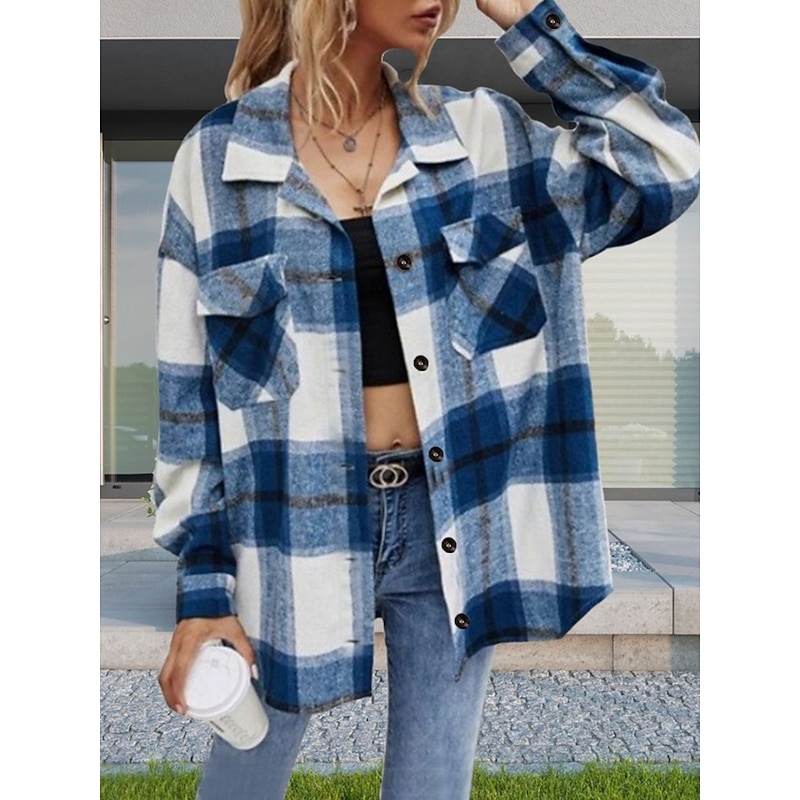 Women's Shirt Jacket Comfortable Breathable Zipper Pocket Casual Plaid Vacation Street Casual Daily Wear Single Breasted Regular Turndown Regular Fit Long Sleeve Outerwear Royal Blue Green Khaki2