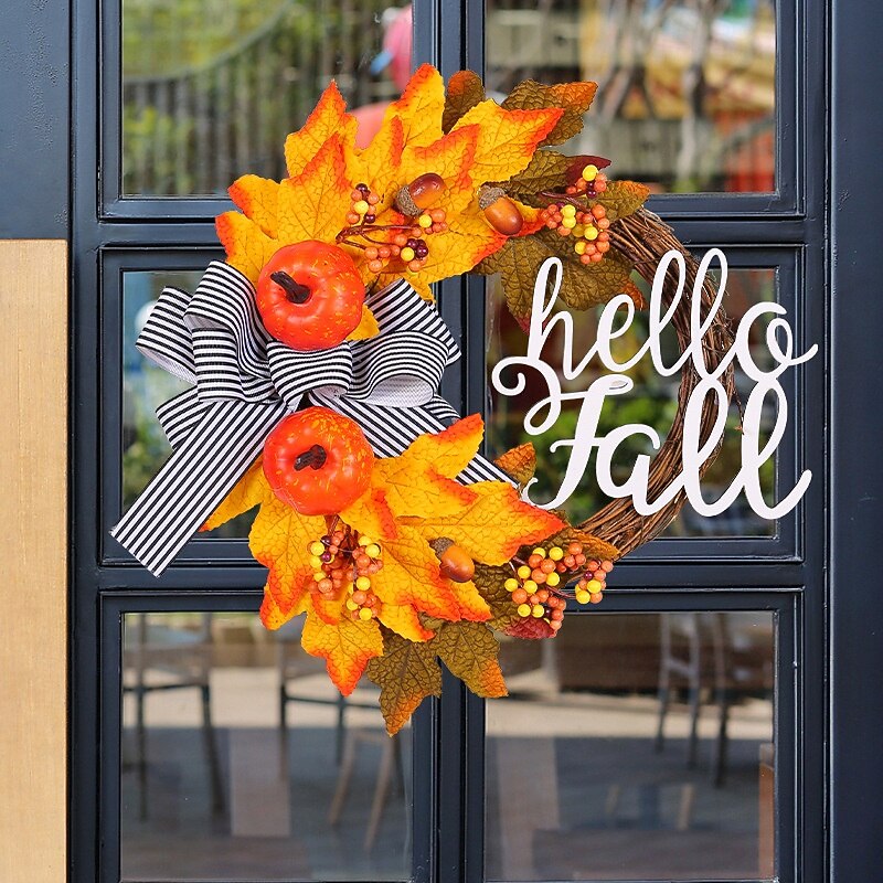Fall Wreath for Front Door Thanksgiving Autumn Farmhouse Indoor Outdoor Decoration, Rustic Twig Letter Maple Leaf Vine Wreath, Harvest Festival Door Hanging Decor4