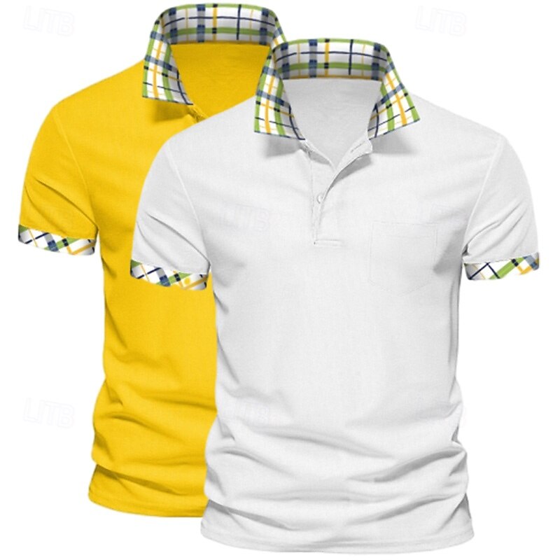 Men's Solid Color Plaid Color Block Polo Shirts Golf Shirt Short Sleeve Lapel Casual Sports & Outdoor Business Casual 2 Piece Buttons Summer Spring Spring &  Fall Dark Blue+White White+Yellow3