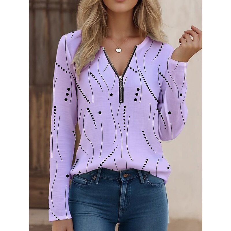 Women's T Shirt Quarter Zip Long Sleeve Casual Graphic Polka Dot Elegant Vintage Stylish V Neck Regular Tops Daily White Yellow Blue Purple Summer Spring3