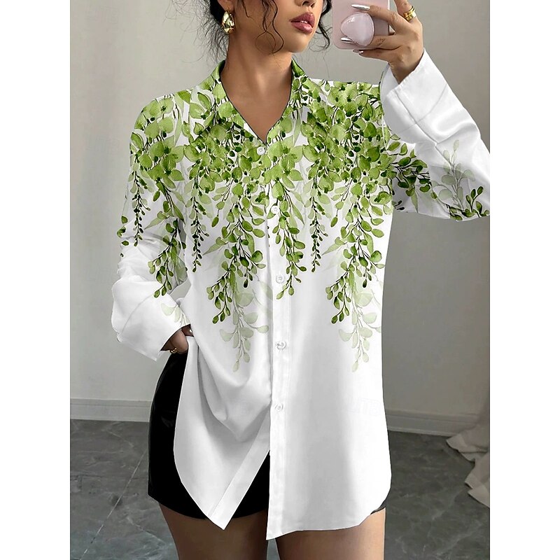 Women's Shirt Button Down Tunic Shirt Collar Long Sleeve Ombre Floral Graphic Vintage Tropical Daily Regular Tops Work Daily Holiday s Print Red Blue Green Khaki Spring Fall2